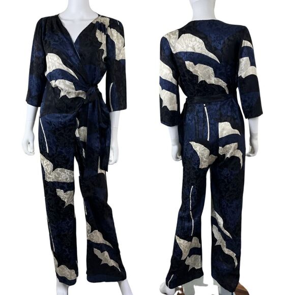 Warm NY Womens Size S Blue Silk Jacquard Floral Wide Leg Jumpsuit Contemporary - Picture 1 of 13